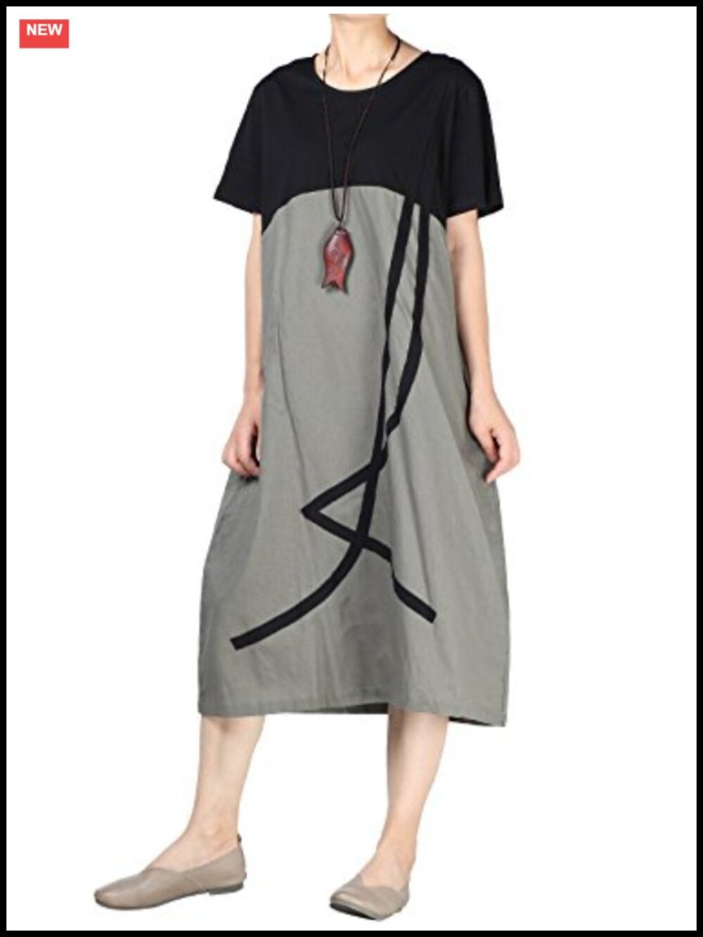 Women's Cotton Linen A-Line Tunic Midi Dress Short Sleeve Round Neck